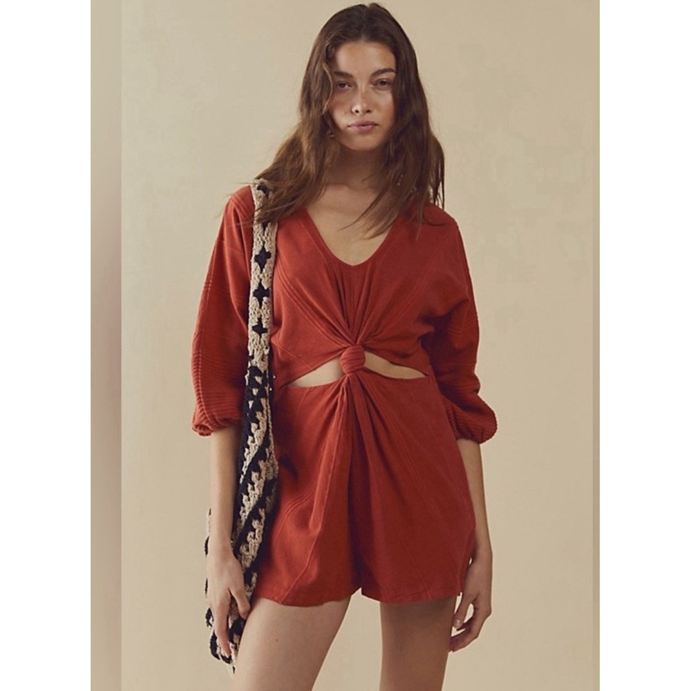 Free People Knotty But Nice Orange Romper Size L Fall Casual 100% Cotton